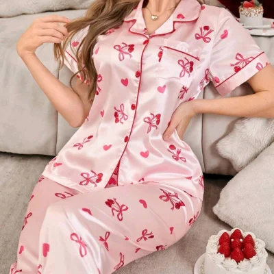 Pijama de satén rosa con estampado