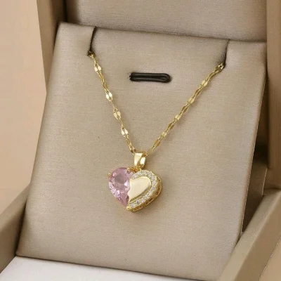 Collas de corazon color dorado con detalle en rosa