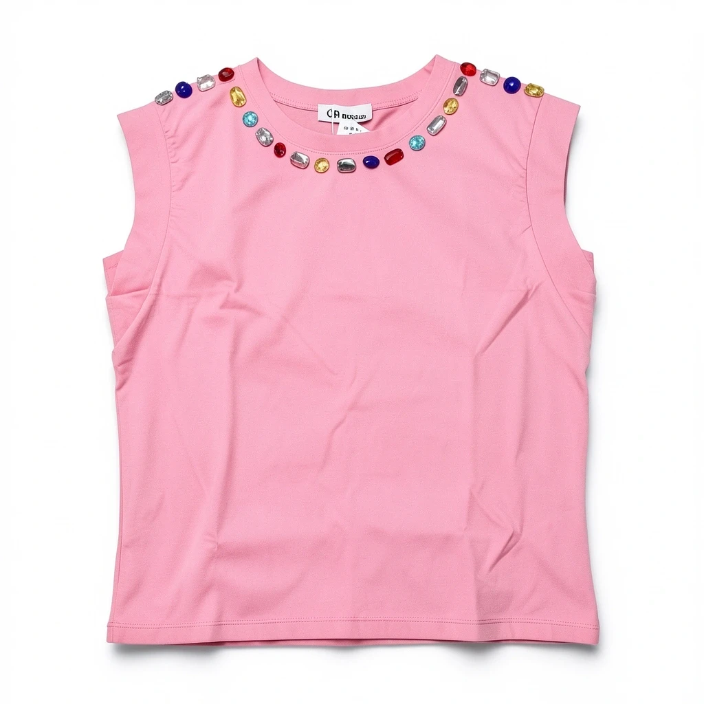 BLUSA BASICA ROSA DE PIEDRAS EN EL CUELLO