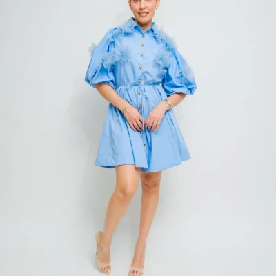 VESTIDO AZUL CIELO CON FLORES 3D