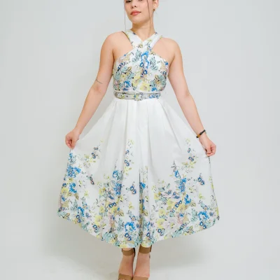 VESTIDO BLANCO CON FLORES VERDES