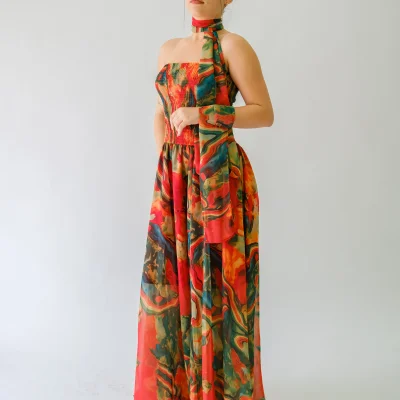 VESTIDO STRAPLE ESTAMPADO NARANJA CON VERDE