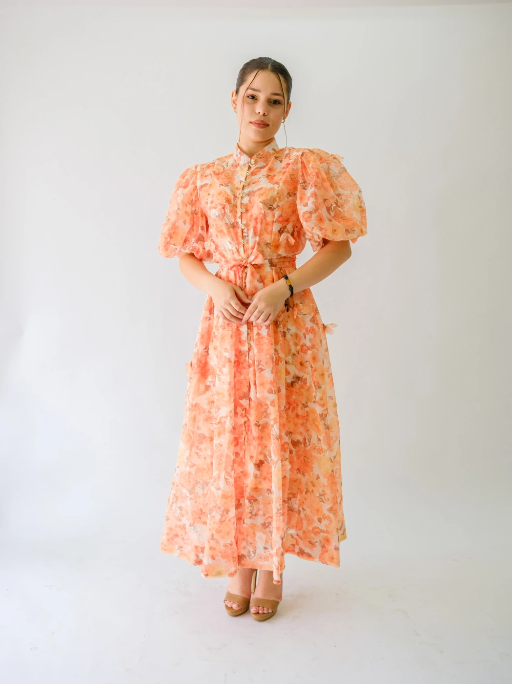 VESTIDO NARANJA CON FLORES 3D