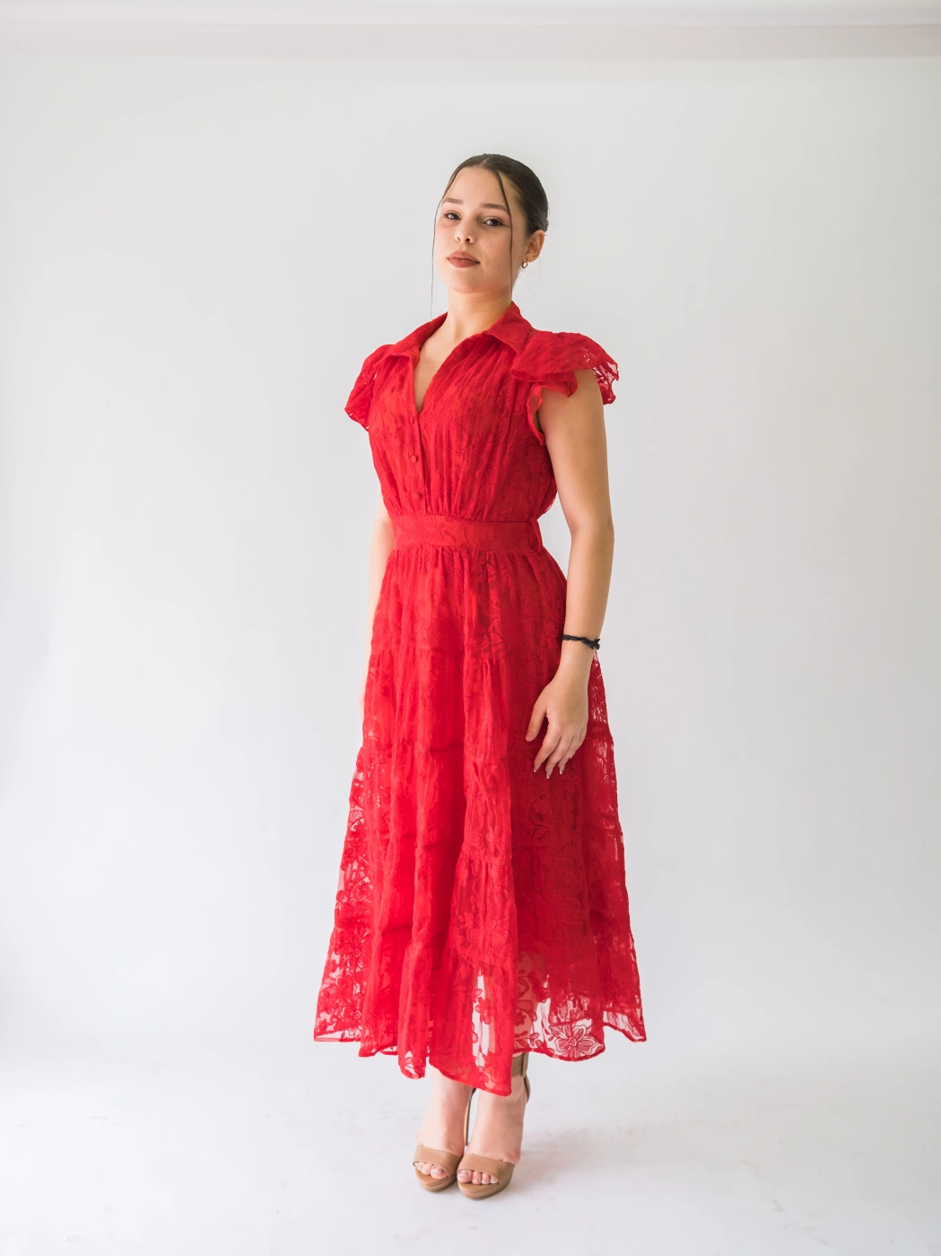 Vestido Largo de Encaje Rojo